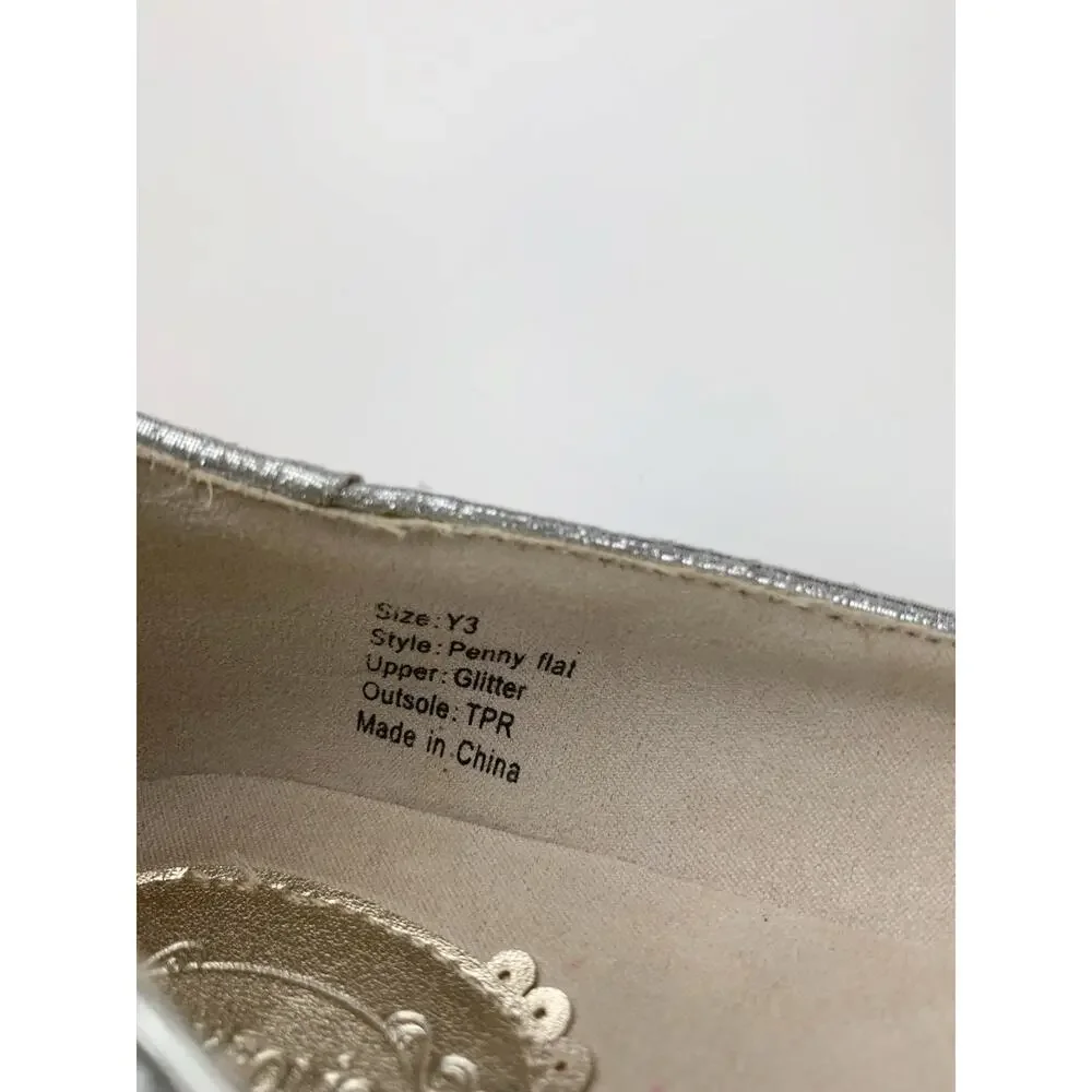 Joyfolie Silver Glitter Penny Flats Slip On Dress Shoes Satin Bow Youth Girls 3